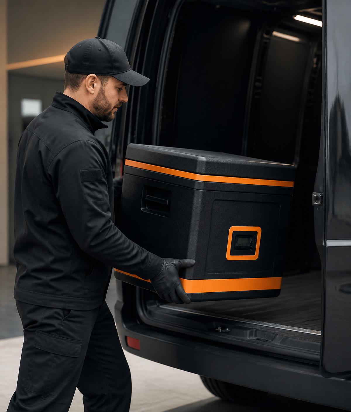 APX courier loading a temperature-controlled medical transport container into a delivery vehicle